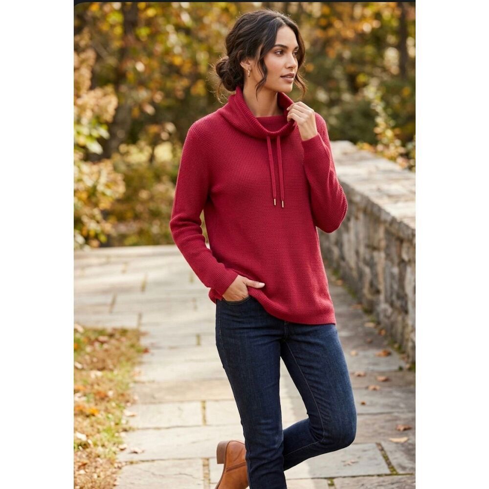 Lauren Ralph Lauren Red Waffle Knit Cowl Neck Sweater XL Cotton Drawstring